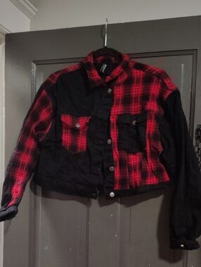 American Bazi Red & Black Plaid Mixed-Fabric Cropped Jean Jacket
